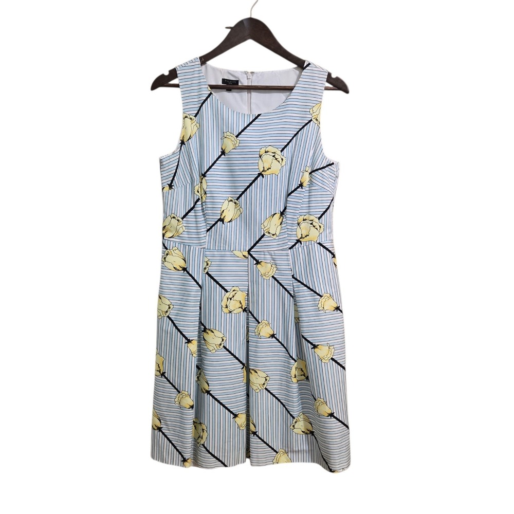 Talbots Petites Blue White Striped Yellow Rose Floral‎ Fit Flare Dress 12P